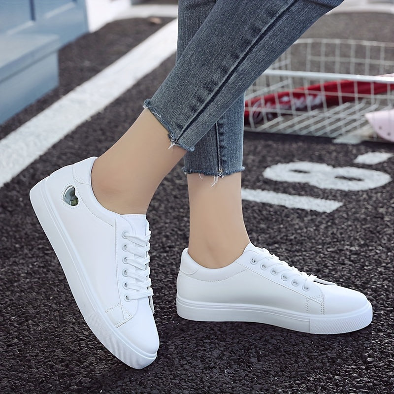 Women's Casual Sneakers with Heart-Shaped Design Lace-Up Flat White Soles