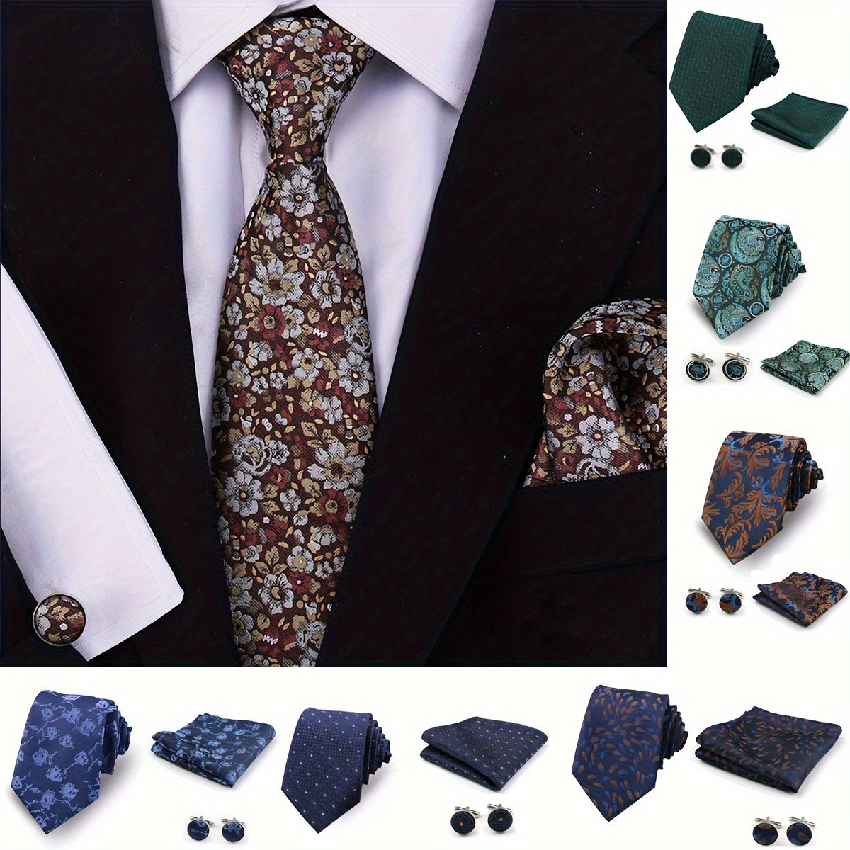 Men's Plaid Tie Set with Cufflinks and Handkerchief for Wedding and Formal Wear