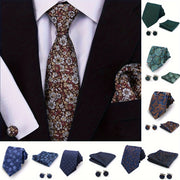 Men's Plaid Tie Set with Cufflinks and Handkerchief for Wedding and Formal Wear