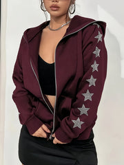 Ayollar uchun kattaroq o'lchamdagi qora zip-up hoodie jaket, rhinestone yulduz naqsh bilan