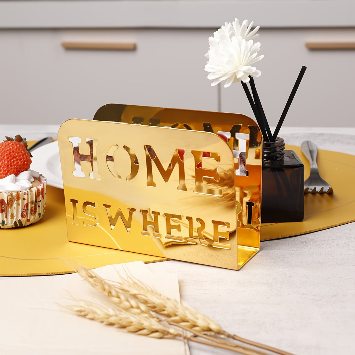 Square Metal Tissue Storage Rack with Fork and Spoon Holder for Dining Table