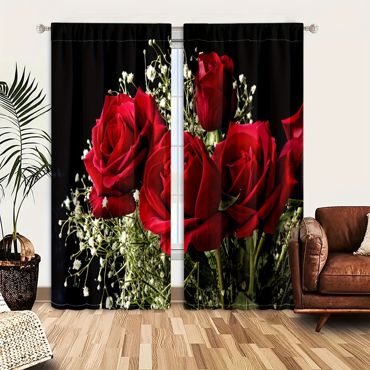 Red Rose Themed Curtains for Privacy and Decoration, Translucent, Romantic Style
