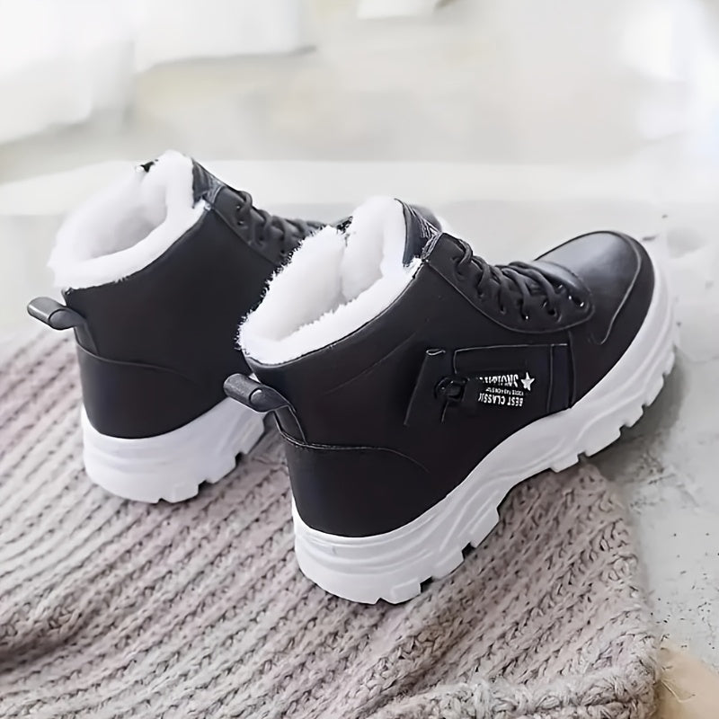 Women's Plush-Lined Ankle Boots Thermal Insulation Winter Slip-On Black White