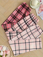 Women's Pink and White Plaid Sleepwear Pants Set with Elastic Waist for All-Season Comfort