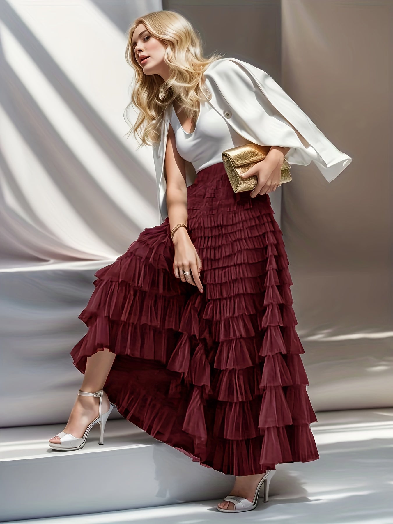 Women's Tiered Ruffle Tulle Skirt Solid Color Spring Summer Casual