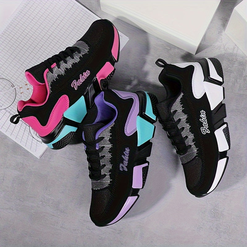 Women's Colorblock Mesh Sports Shoes Low Top Running Sneakers Breathable Casual Lace-Up