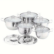 Stainless Steel Cookware Set 12 Pieces with Steamer Frying Pan Soup Pot for All Stoves