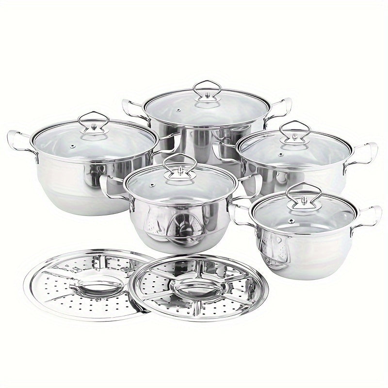 Stainless Steel Cookware Set 12 Pieces with Steamer Frying Pan Soup Pot for All Stoves