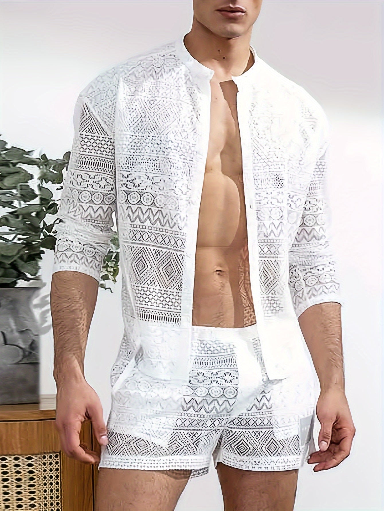 Men's Sheer Lace Shirt and Shorts Set for Beach and Nightclub Summer Wear