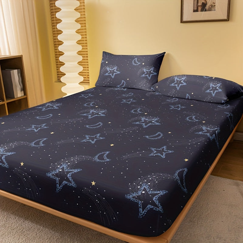 Moon and Star Brushed Print Fitted Sheet for 1 Bed Deep Pocket Bedding Mattress Cover