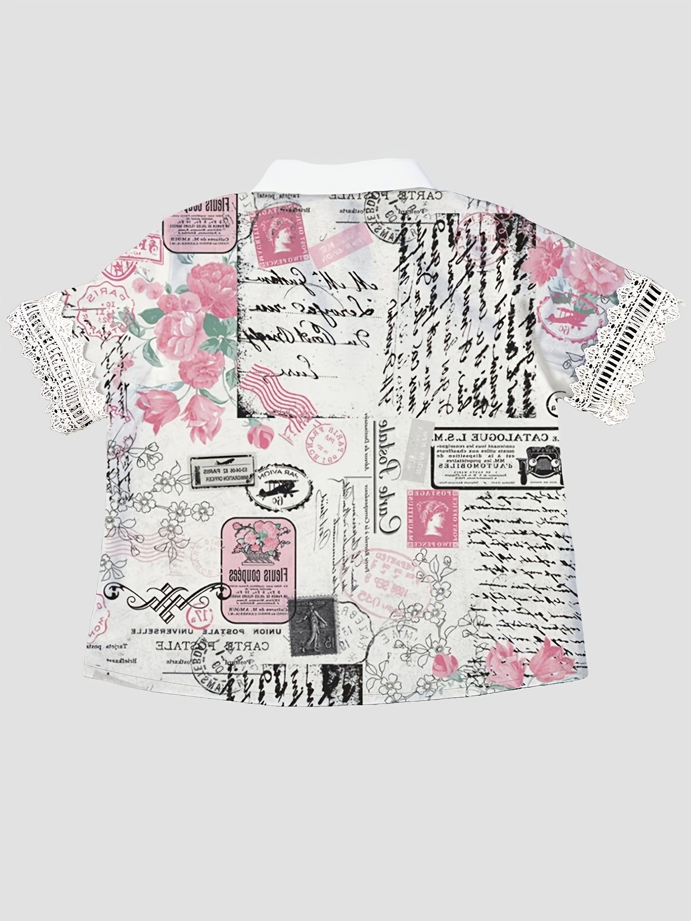 Women's Short Sleeve Shirt Digital Print Lace Patchwork Spring Summer 2025