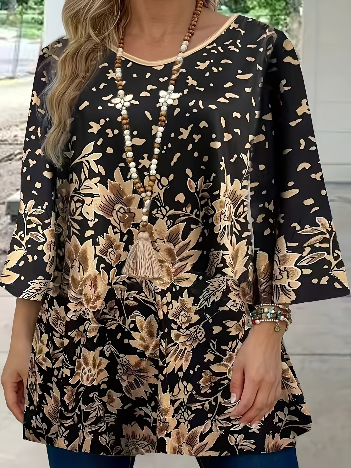 Women's Floral Print V-Neck Tunic Top Polyester Blouse with Three Quarter Sleeves