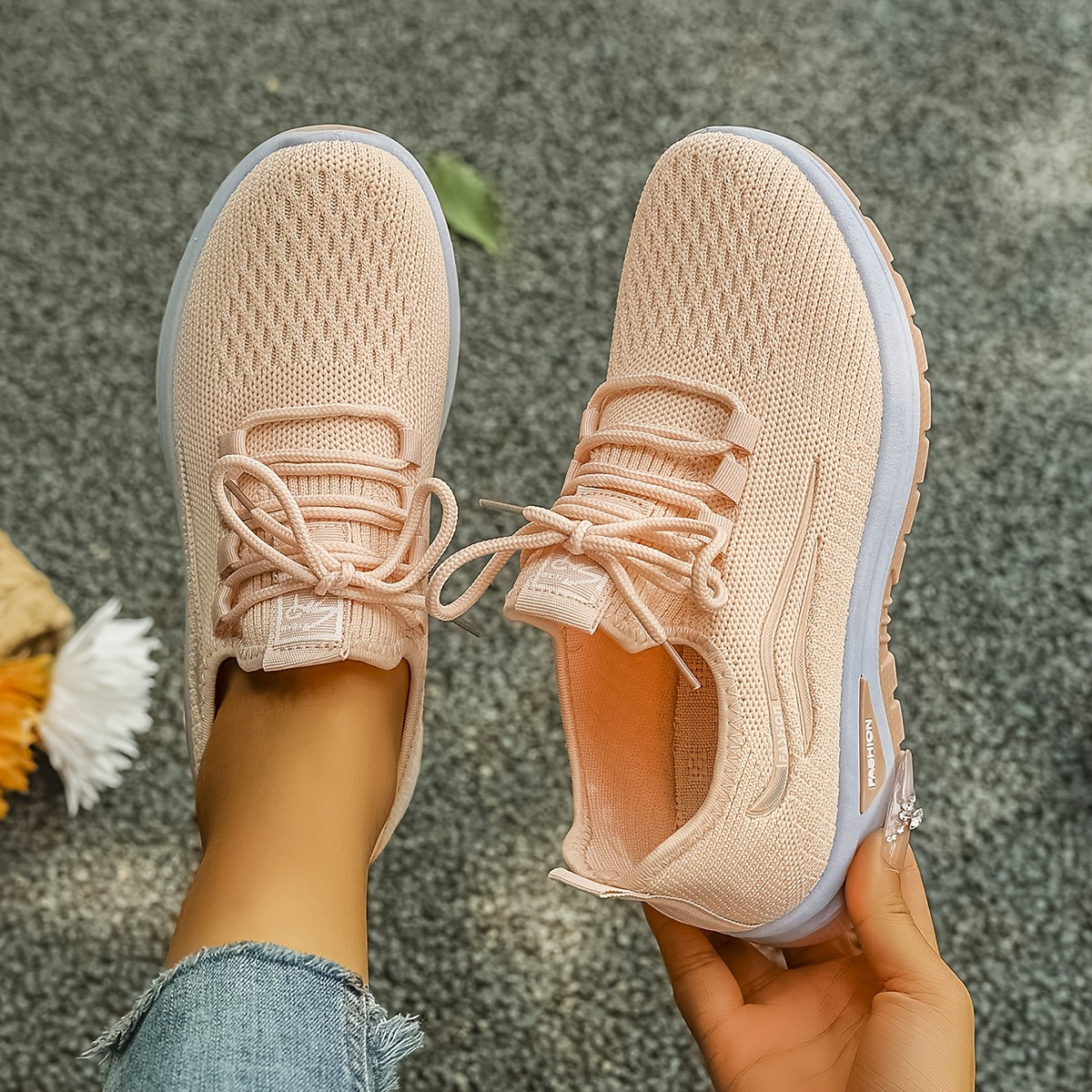 Women’s Light Blue Knit Sneakers with White Sole, Breathable Casual Shoes