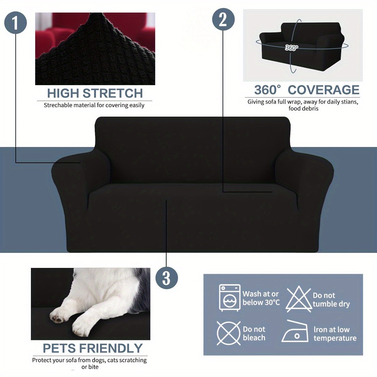 Changdan to'liq himoya uchun turli o'lchamlarda suv o'tkazmaydigan va elastik divan qoplamalari, uyda hayvonlar va bolalar bo'lgan oilalar uchun mos.