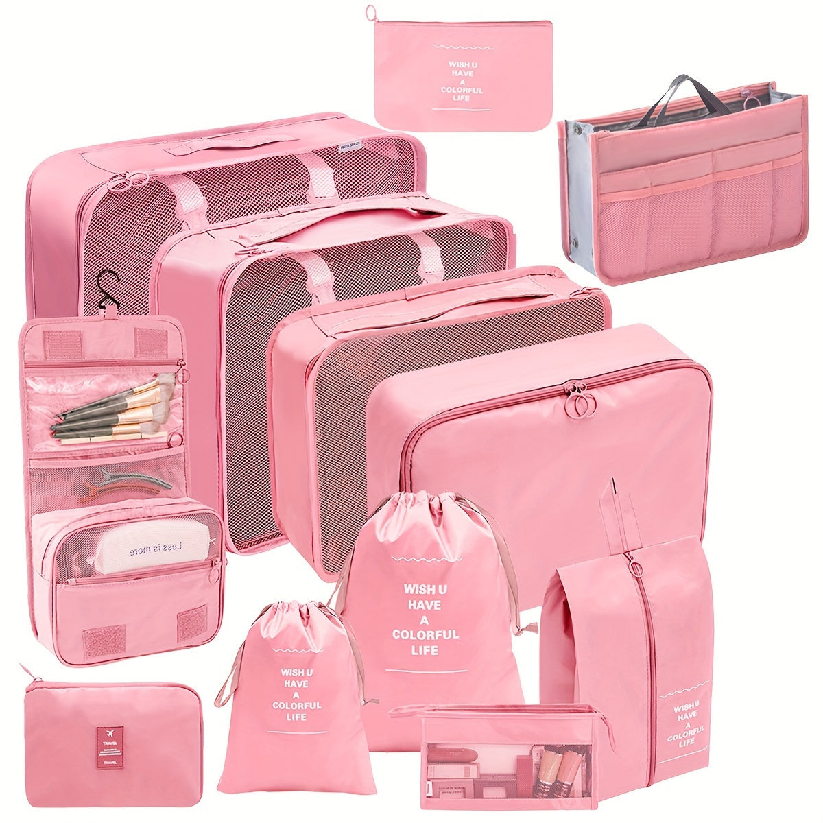 12-Piece Minimalist Travel Organizer Set Plastic Packing Cubes Toiletry Bag Shoe Storage