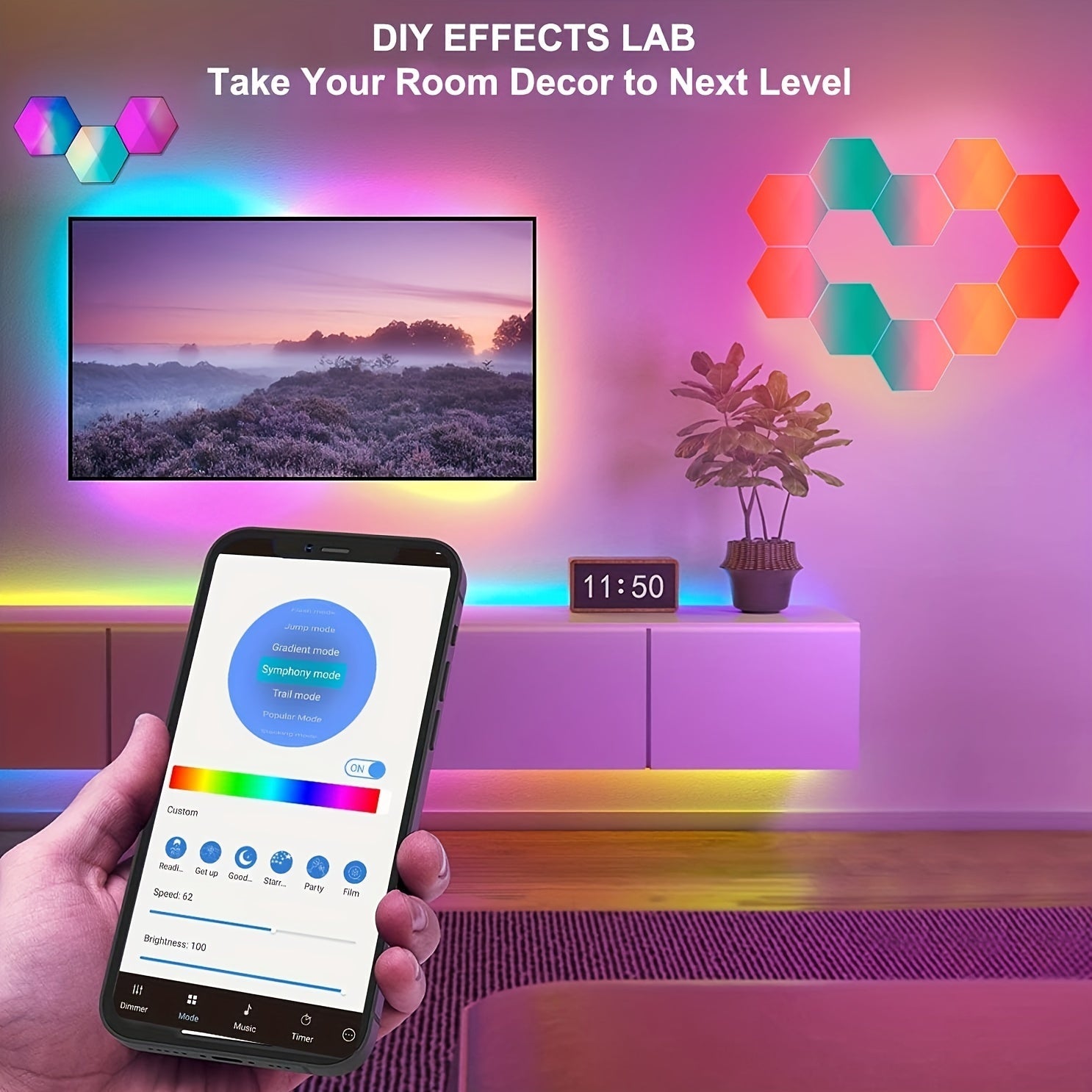 Juego de 10 luces de pared LED hexagonales con control remoto, paneles inteligentes activados por sonido