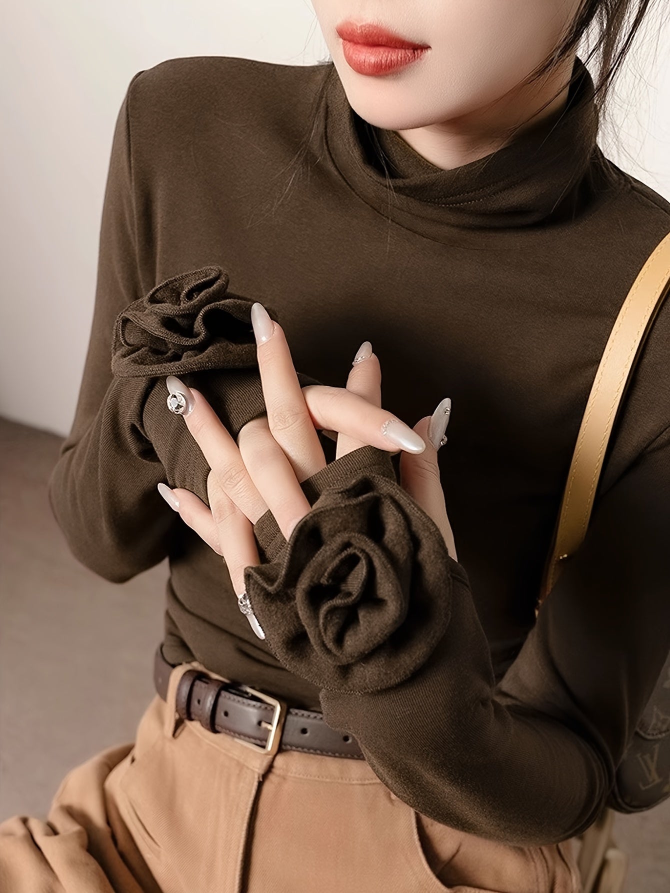 Camiseta de manga larga con estampado floral 3D para mujer, de color sólido, moda de primavera y otoño