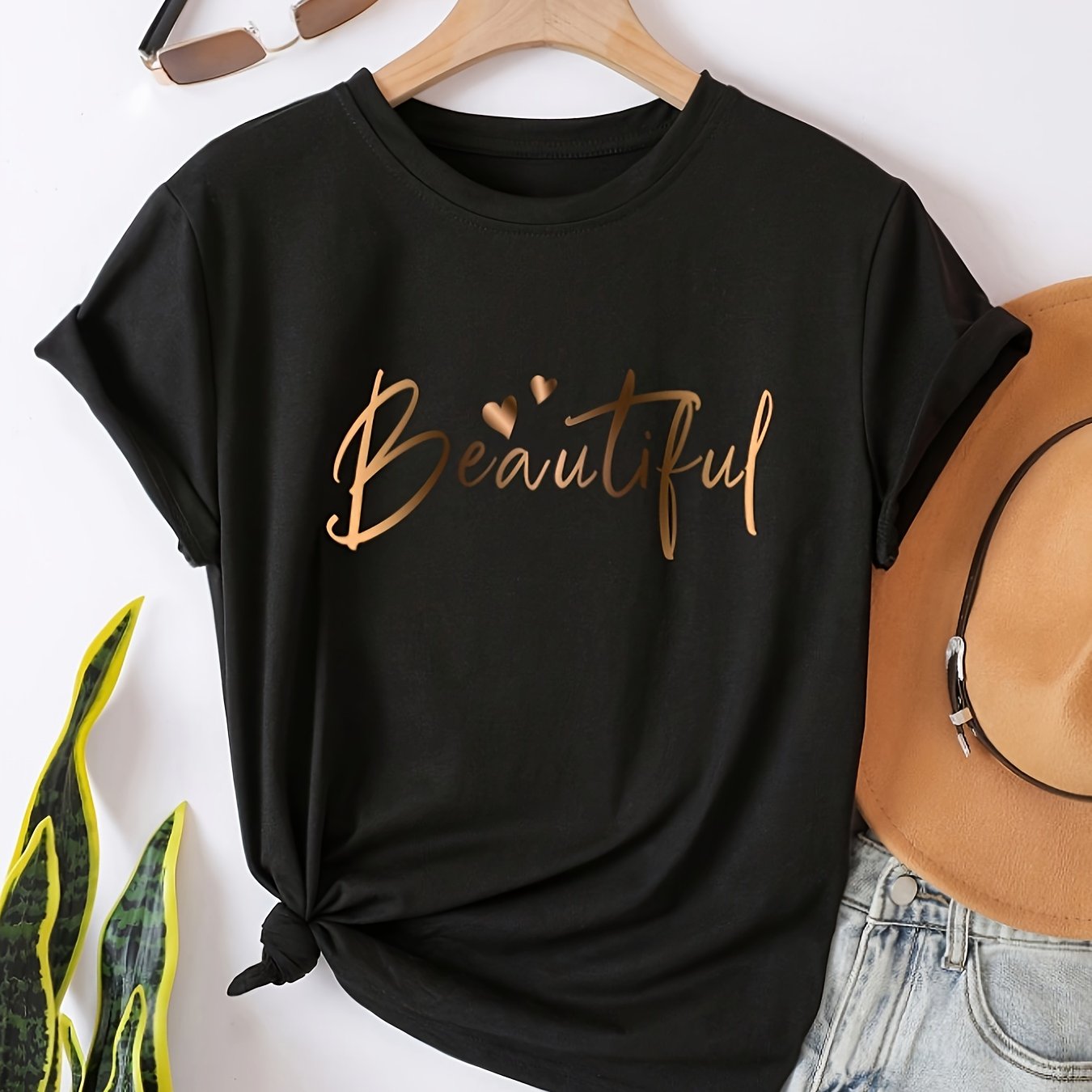 Women's Loose Fit Letter Print T-Shirt Crew Neck Short Sleeve Polyester Knit Spring Summer Autumn