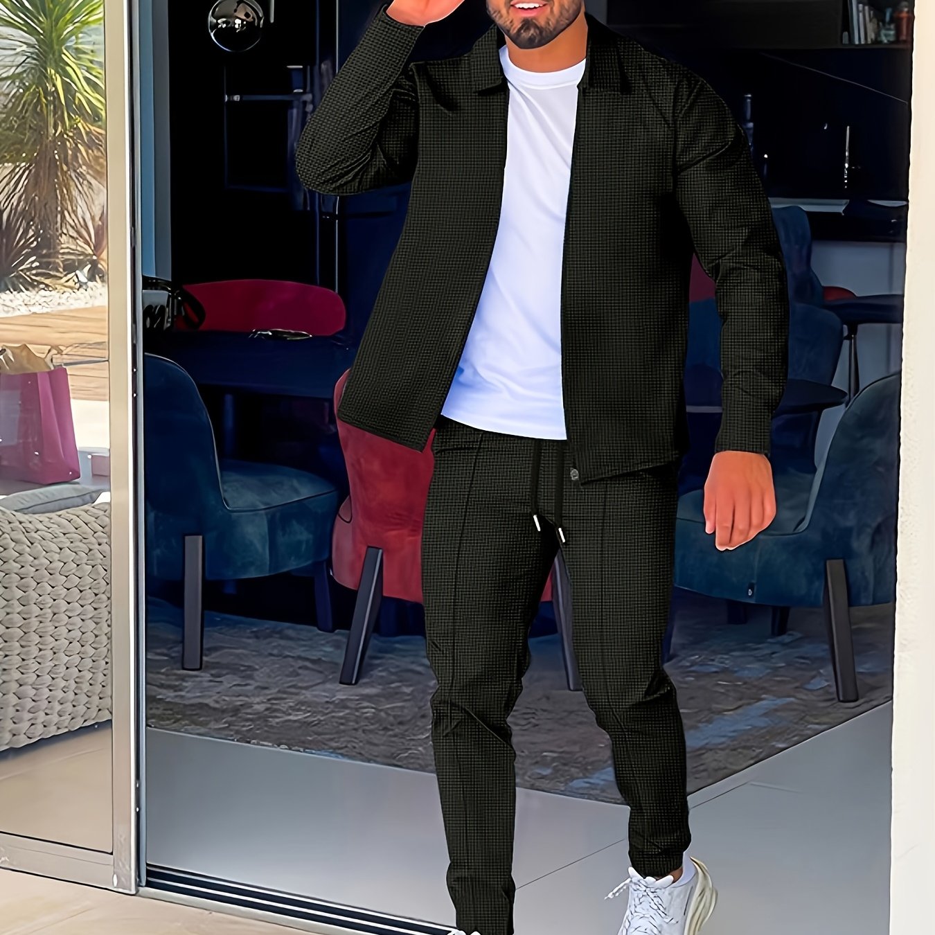 Men's Lightweight Casual Sports Set with Zipper Long Sleeves and Lapel Collar