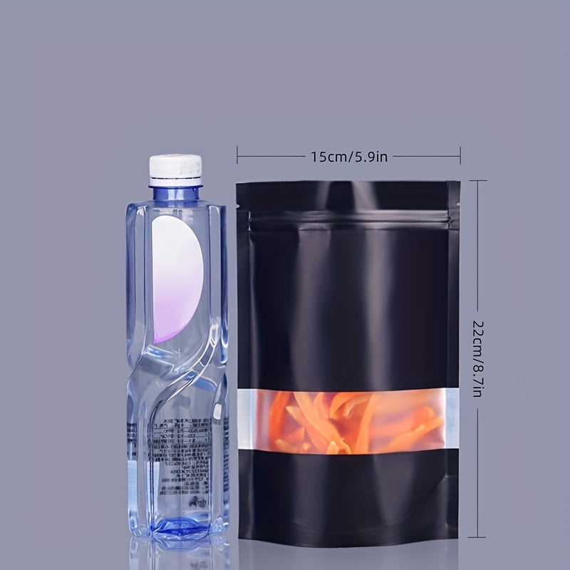 50 piezas de bolsas de embalaje con ventana abierta en negro para galletas, caramelos, café, té, auto-cierre, plástico esmerilado