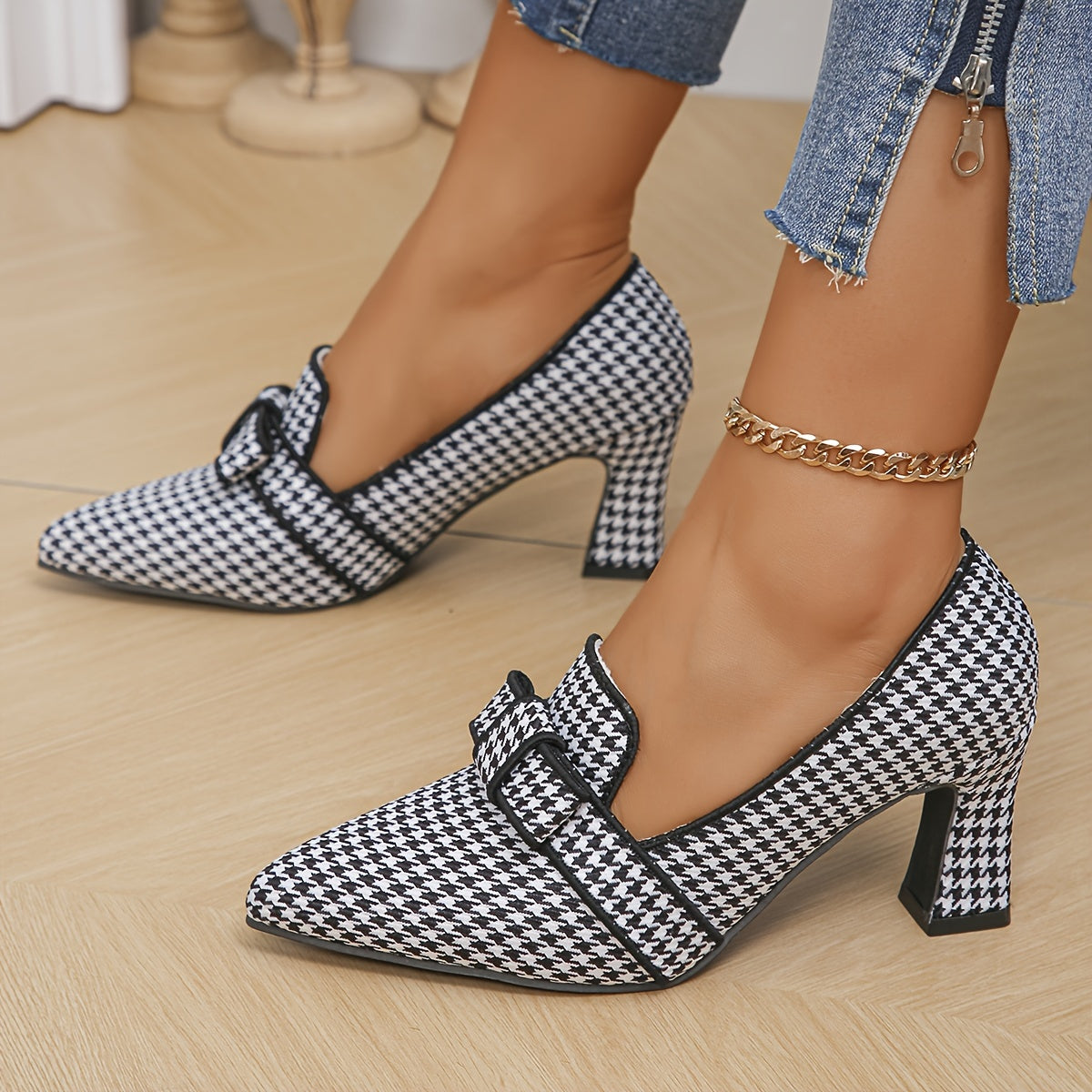 Women's Houndstooth Pumps with Bow Pointed Toe Block Heels Office Shoes