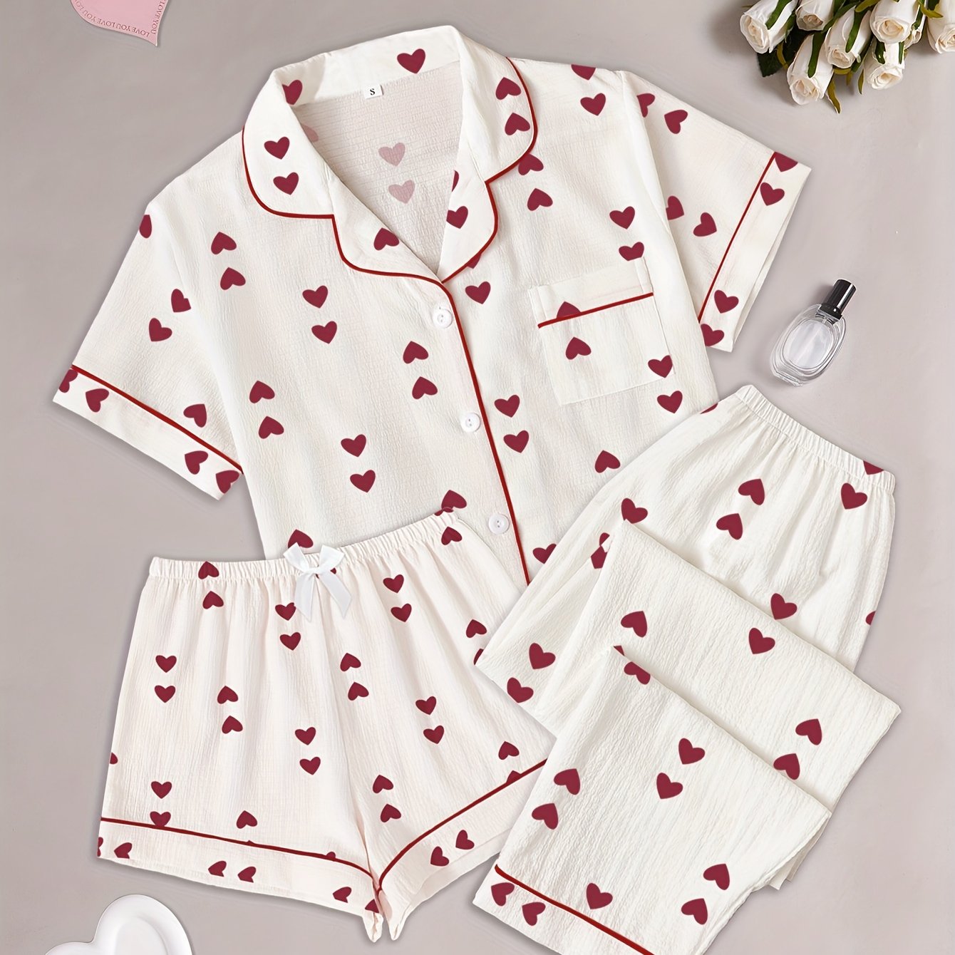 Women's Pajama Set with Heart Print Shirt Shorts and Long Pants All-Season Sleepwear