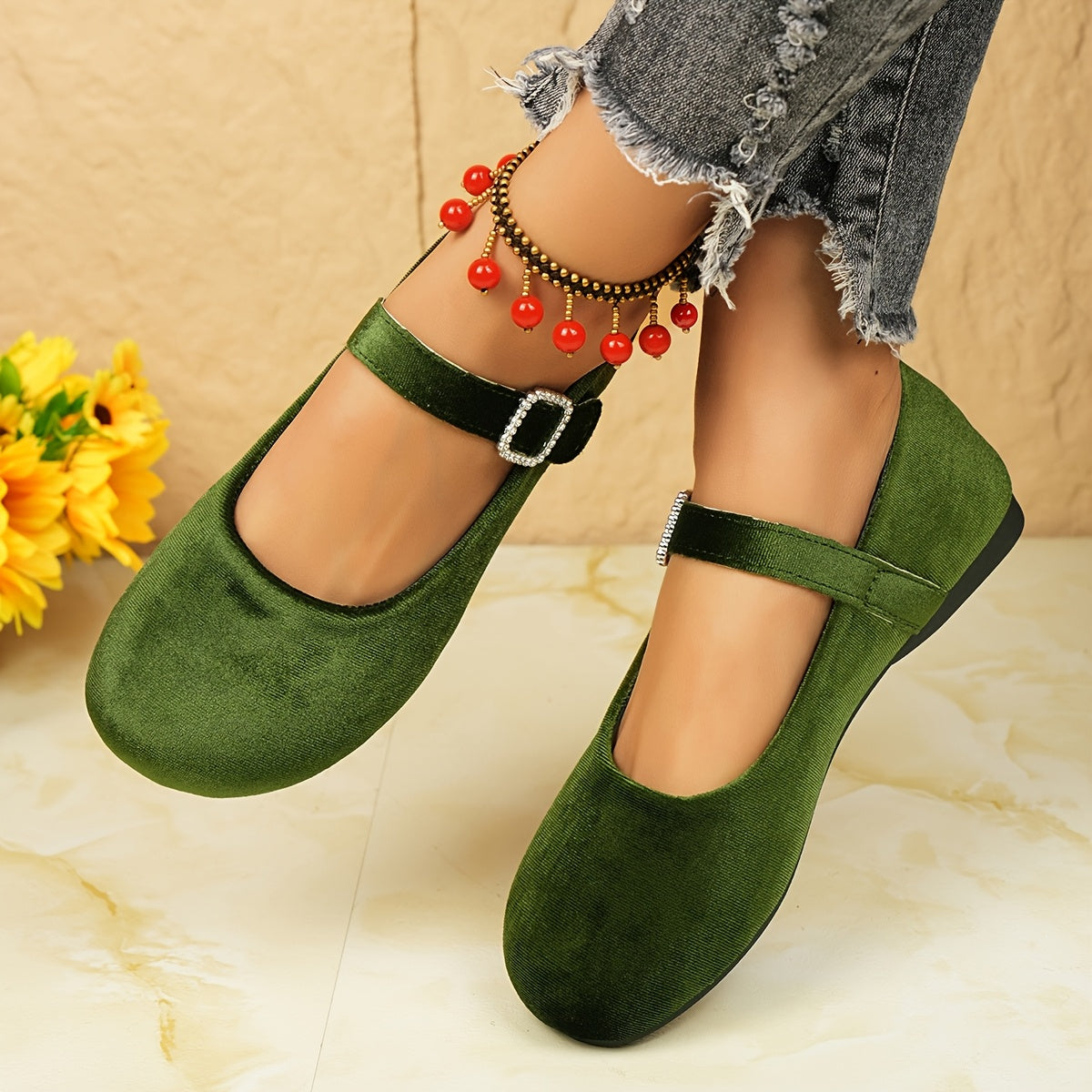 Ayollar Mary Jane tuflari, rhinestone tokchali, yashil, yengil fleece, qulay