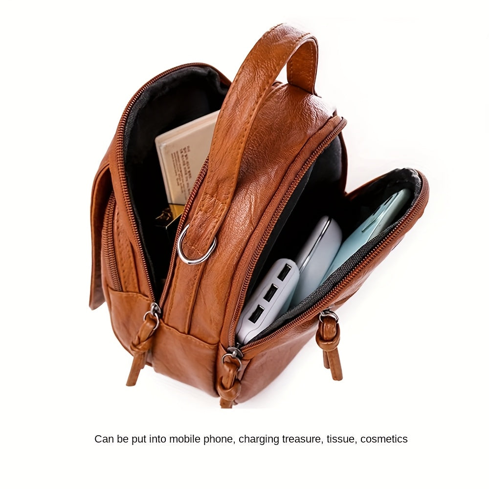 Unisex Brown PU Crossbody Bag with Zipper and Adjustable Strap