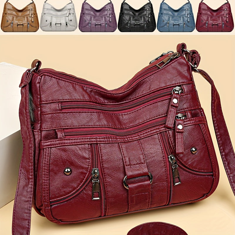 Women's Synthetic Leather Crossbody Bag with Anti-Theft Zipper and Adjustable Strap