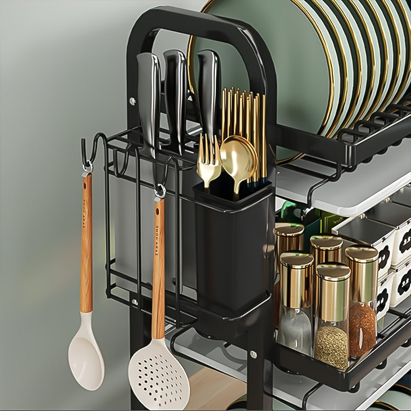 Modern 3-Tier Metal Dish Rack with Drainboard Utensil Holder and Cup Stand