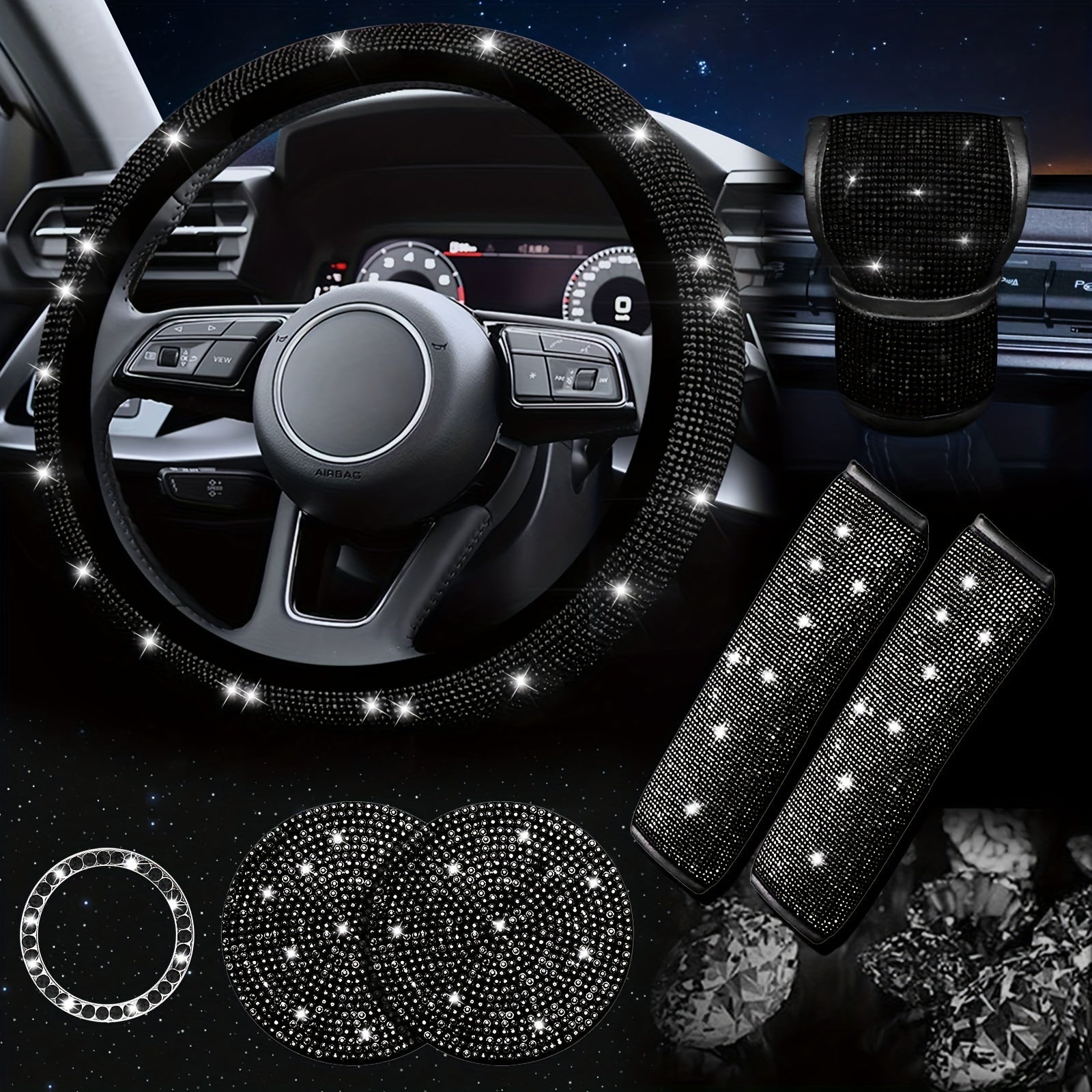 Bling Car Interior Accessory Set 7-Piece Diamond Steering Wheel Cover Rhinestone Seat Belt Coasters