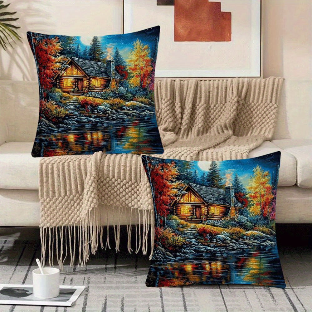 Set of 2 Flannel Pillow Cases 45.72x45.72 cm Lakeside Lodge Scenery Zippered Closure