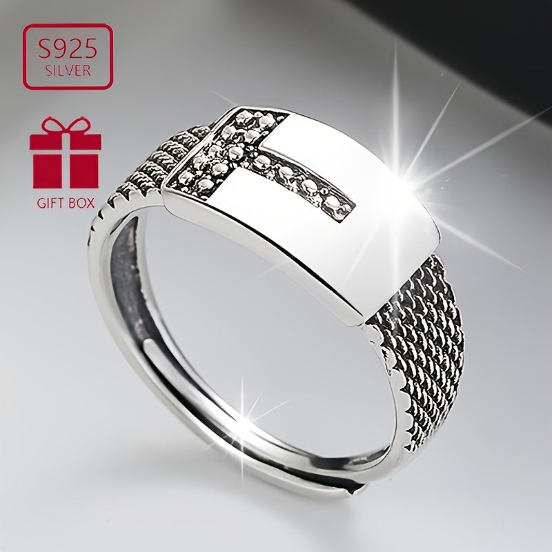 VIGG S925 Sterling Silver Hip Hop uslubidagi geometrik T-shaklidagi sozlanadigan ochiq uzuk erkaklar va ayollar uchun, uniseks punk festival moda zargarlik buyumlari, kundalik kiyish va barcha mavsumlar uchun mukammal