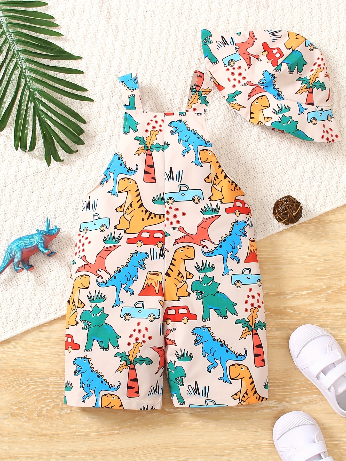 Toddler Boys Dinosaur Print Pants with Matching Hat Summer Casual Wear Adjustable Straps