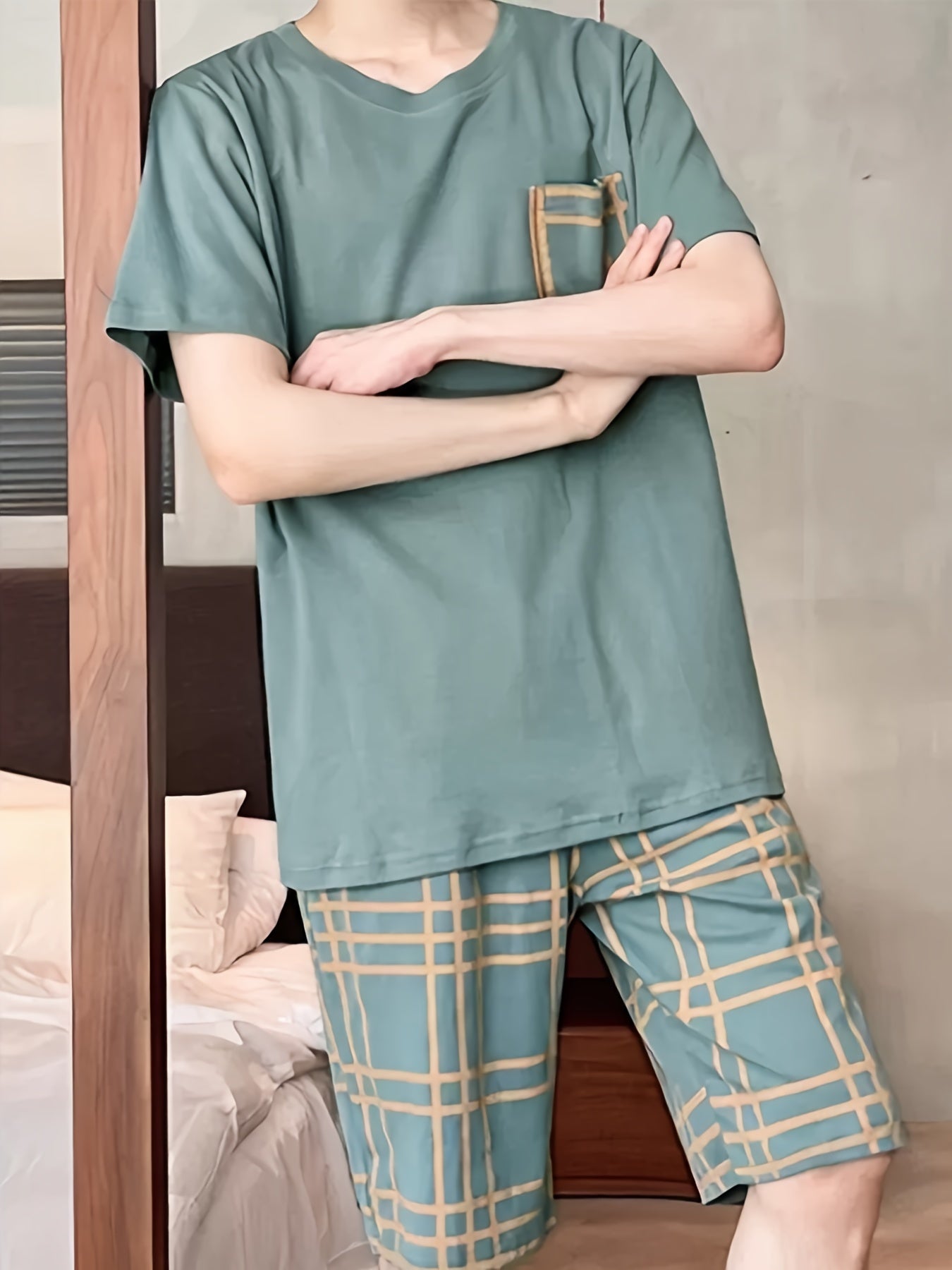 Men's Green Plaid Summer Pajama Set Short Sleeve Tee and Shorts Comfortable and Machine Washable