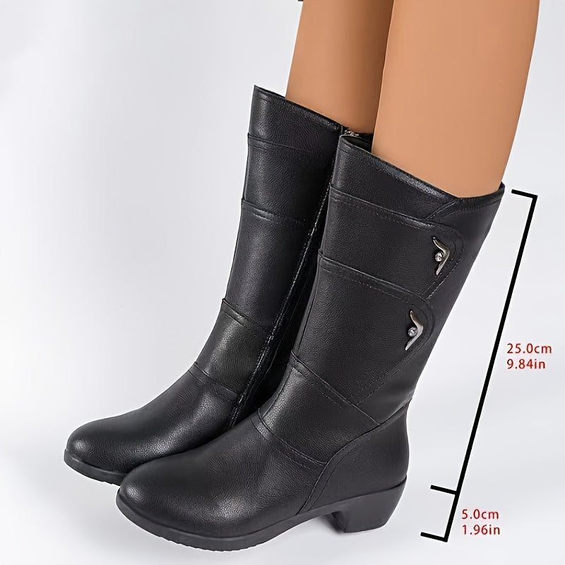 Women's Fleece-Lined Mid-Calf Ankle Boots with Zipper, Chunky Heel, Black