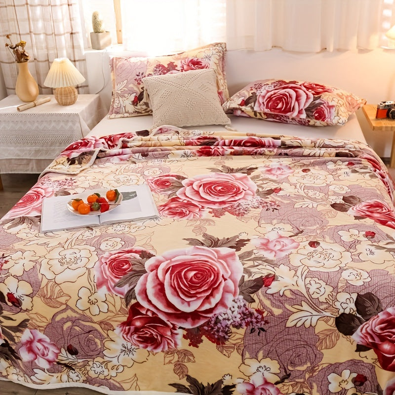 Manta de franela con estampado floral, cálida y suave para hogar, oficina, camping y viajes, 1 pieza