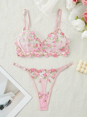Women's Floral Embroidered Lingerie Set with Semi-Sheer Mesh Bra and Thong