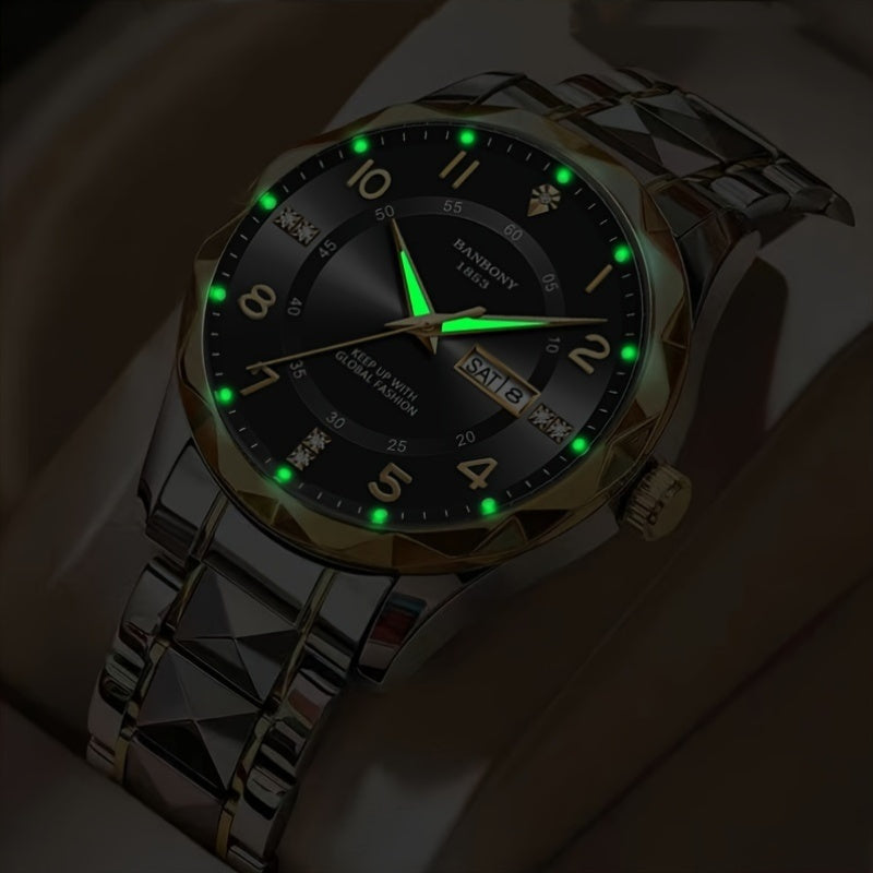 Men's Stainless Steel Quartz Watch with Roman Numeral Dial and Date Calendar