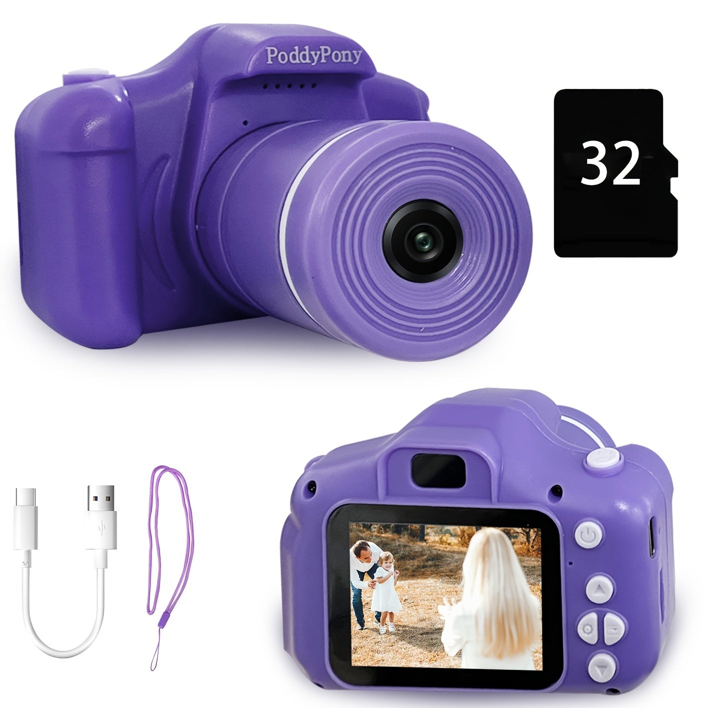 Kids Digital Camera with Long Lens 32GB Memory Card for Children Ages 3-12 Pink Purple Blue Black