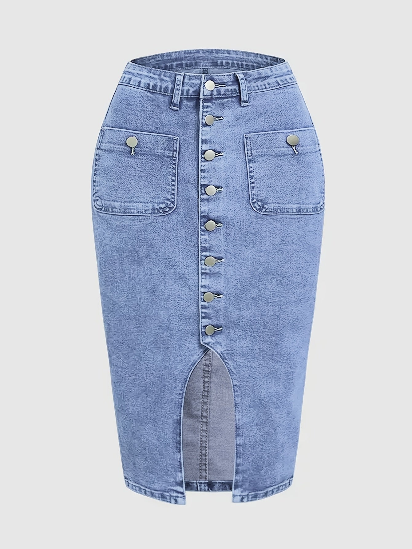 Women's Midi Denim Skirt Casual Bodycon Button Front High Stretch Solid Color Spring Summer Fall