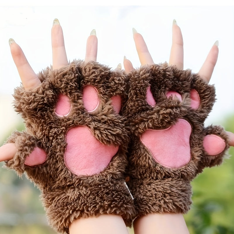 Cute Cat Claw Plush Gloves for Women Warm Fuzzy Half Finger Autumn Winter