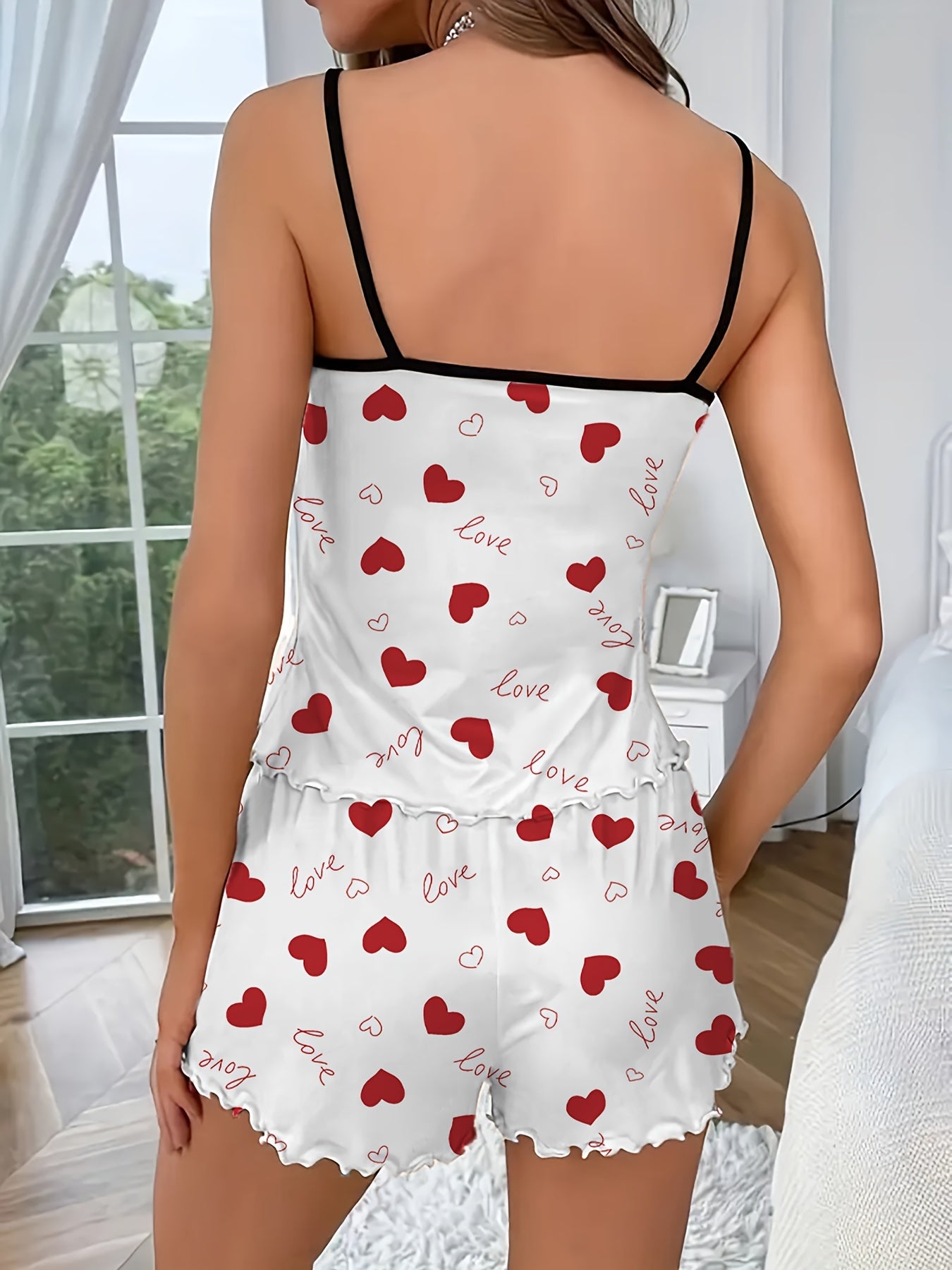 Women's Sleepwear Set Heart Print Frill Trim Backless Cami Top Elastic Shorts