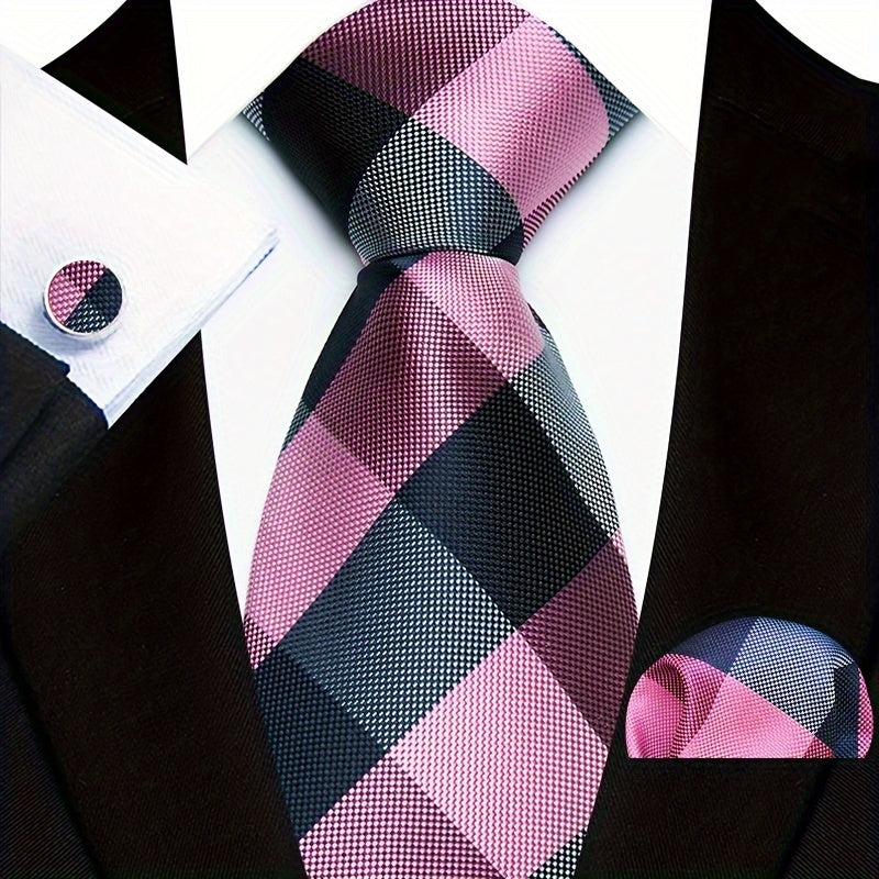 Men's Business Tie, Handkerchief, Cufflinks Set in Plaid and Stripe Designs