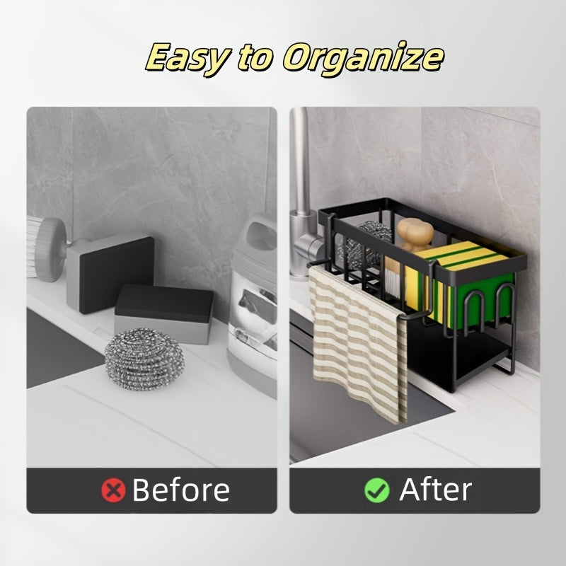 Organizador de fregadero de cocina con soporte para toallas, soporte para esponjas de metal, soporte para jabón y drenaje automático