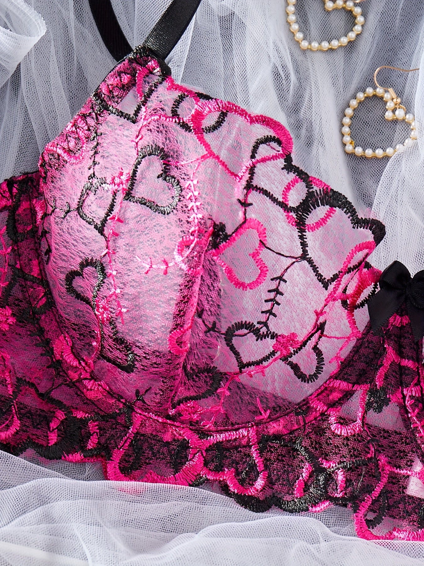 Women's Heart Pattern Lingerie Set with Thin Shoulder Straps Bra and Panties