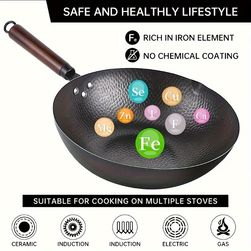 12-Inch Hammered Iron Wok Non-Stick Uncoated Durable Cookware for Gas Electric Halogen Stoves