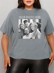 Plus Size Women's Cotton T-Shirt Short Sleeve Custom Photo Black Casual Top