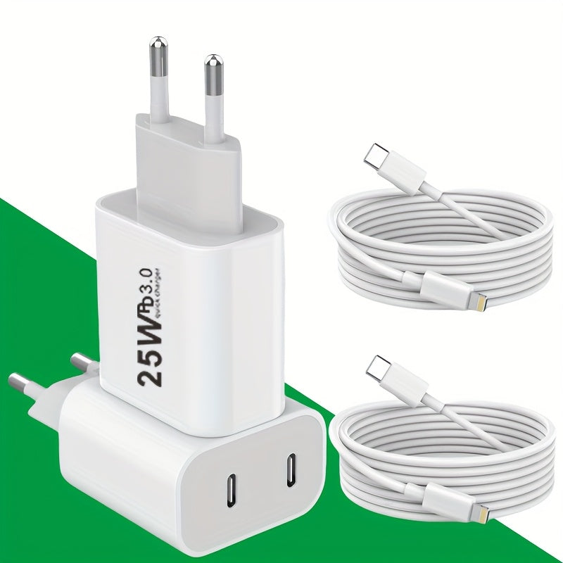 Cargador rápido dual USB-C de 25W con enchufe europeo para iPhone, Samsung y dispositivos Android