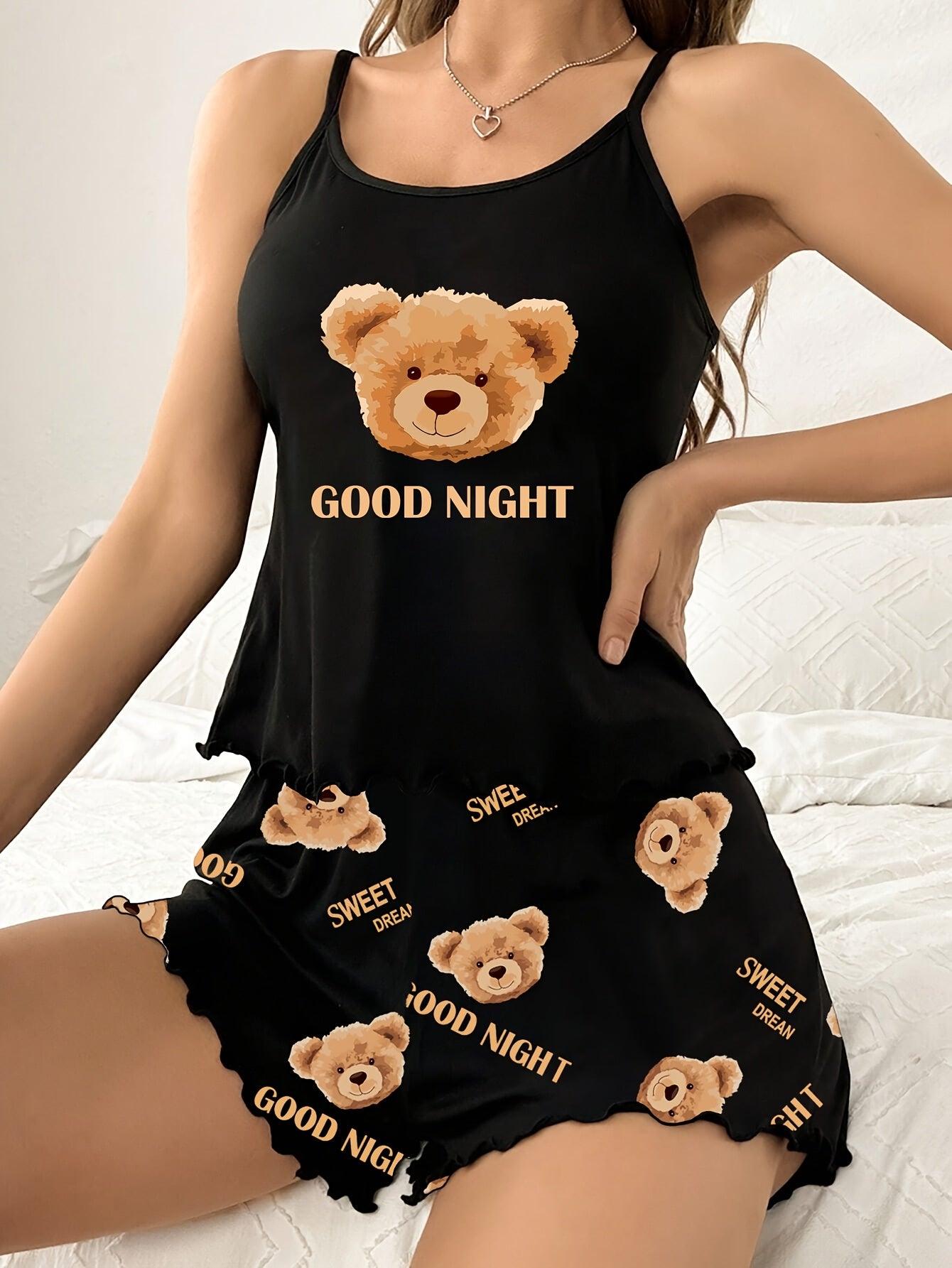 Adult Cartoon Teddy Bear Pajama Set with "Good Night" Lettering Polyester Knit All-Season